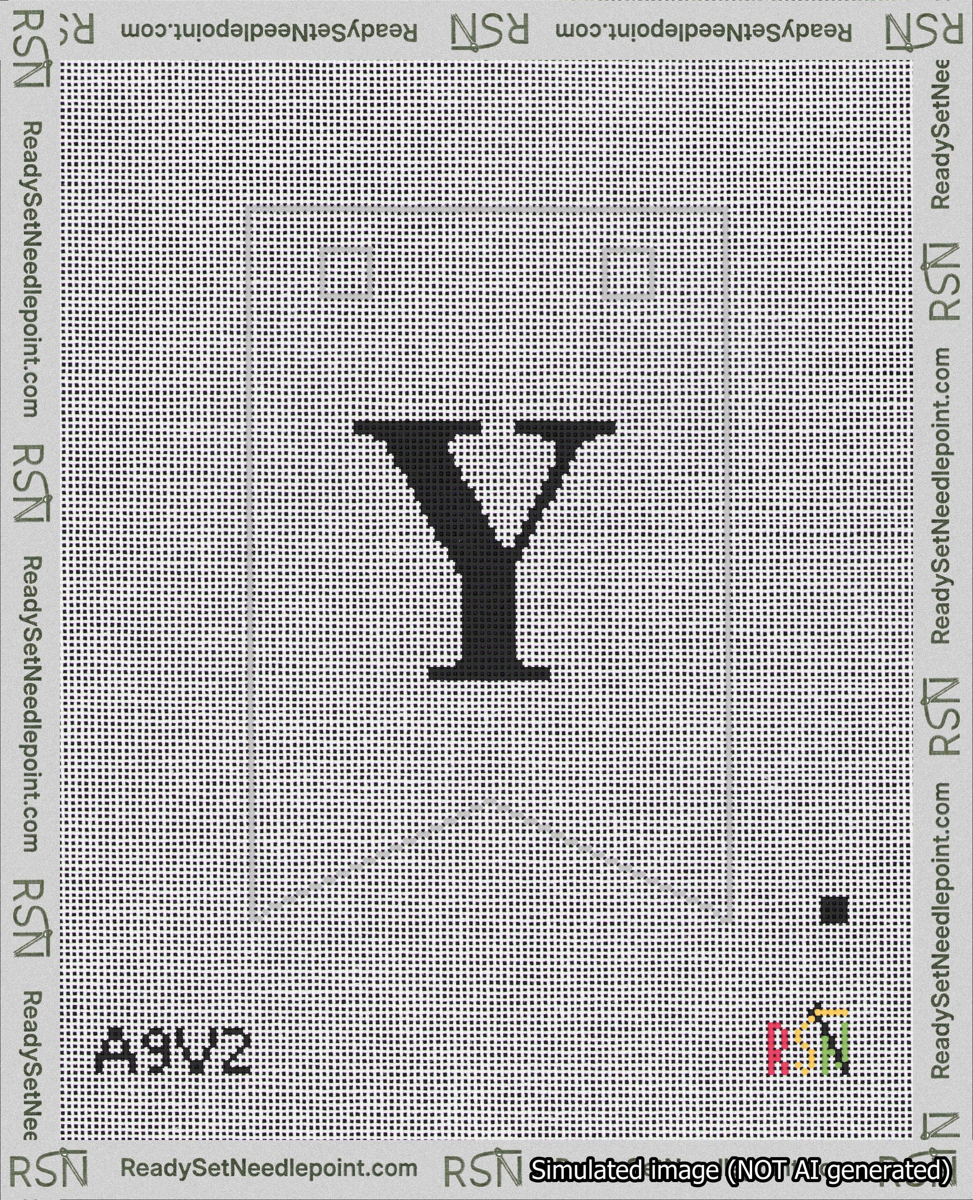 A taped needlepoint canvas with the design: Banner 18 mesh count Forked Y Black on White.