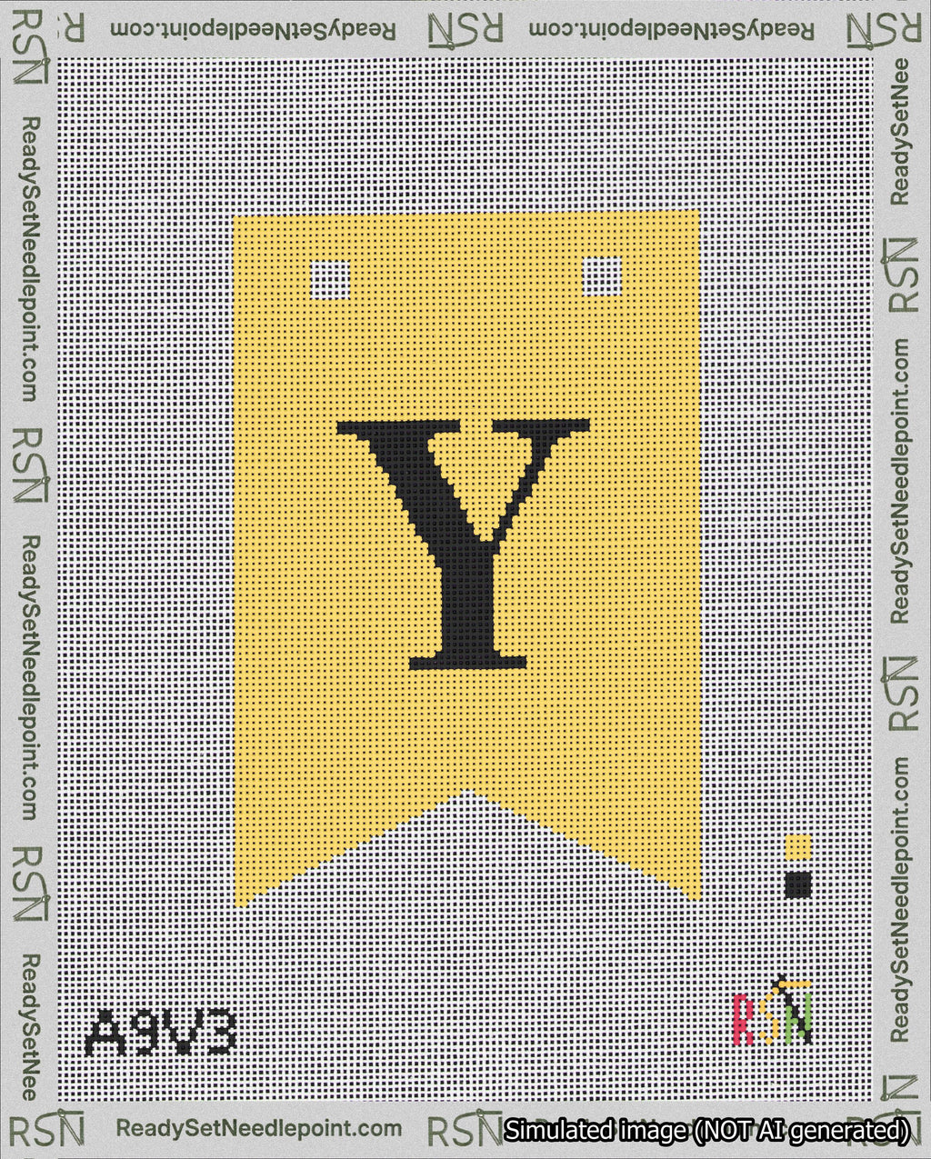 A taped needlepoint canvas with the design: Banner 18 mesh count Forked Y Black on Yellow.