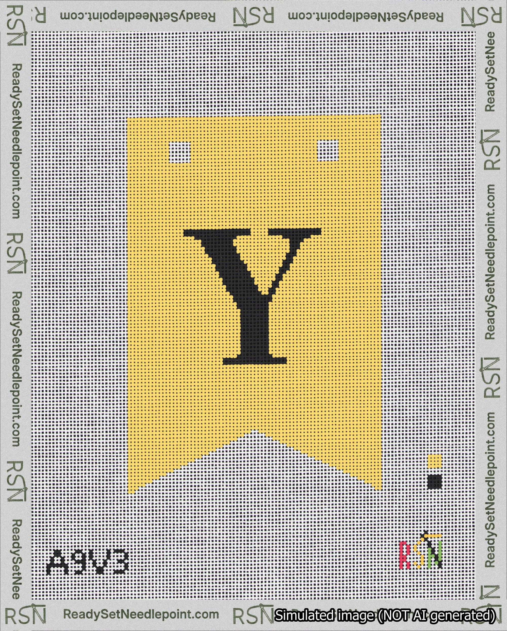 A taped needlepoint canvas with the design: Banner 18 mesh count Forked Y Black on Yellow.