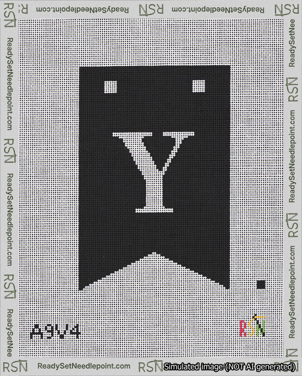 A taped needlepoint canvas with the design: Banner 18 mesh count Forked Y White on Black.