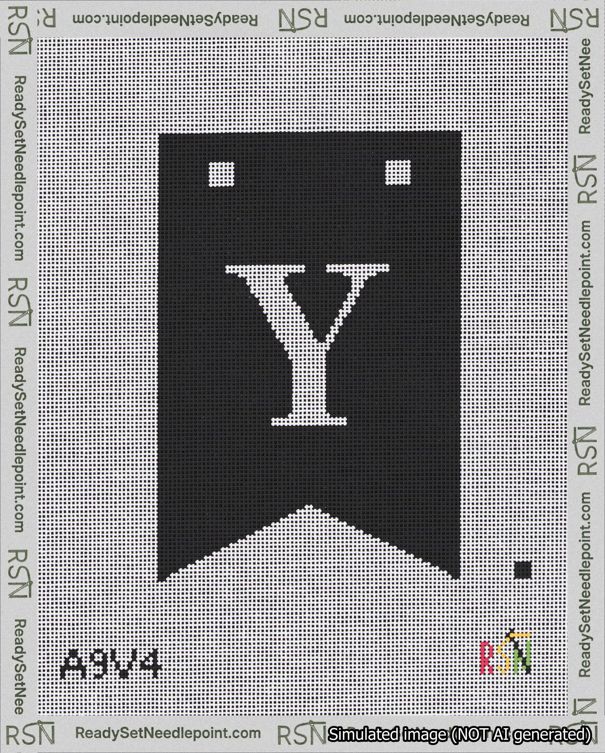 A taped needlepoint canvas with the design: Banner 18 mesh count Forked Y White on Black.