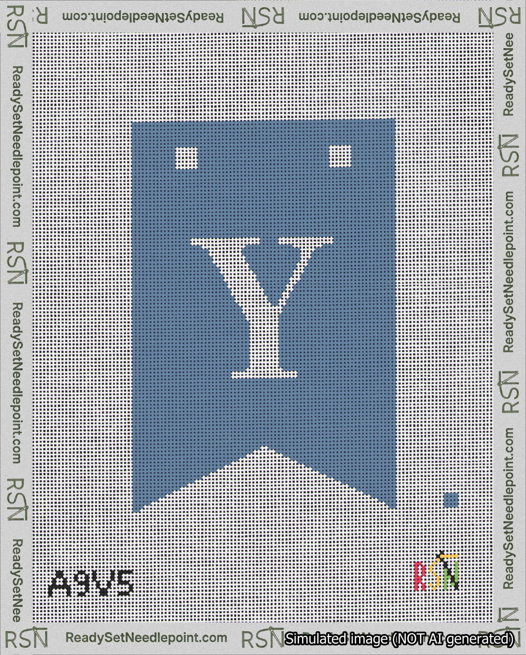 A taped needlepoint canvas with the design: Banner 18 mesh count Forked Y White on Blue.