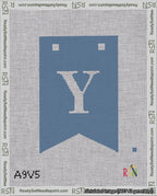 A taped needlepoint canvas with the design: Banner 18 mesh count Forked Y White on Blue.