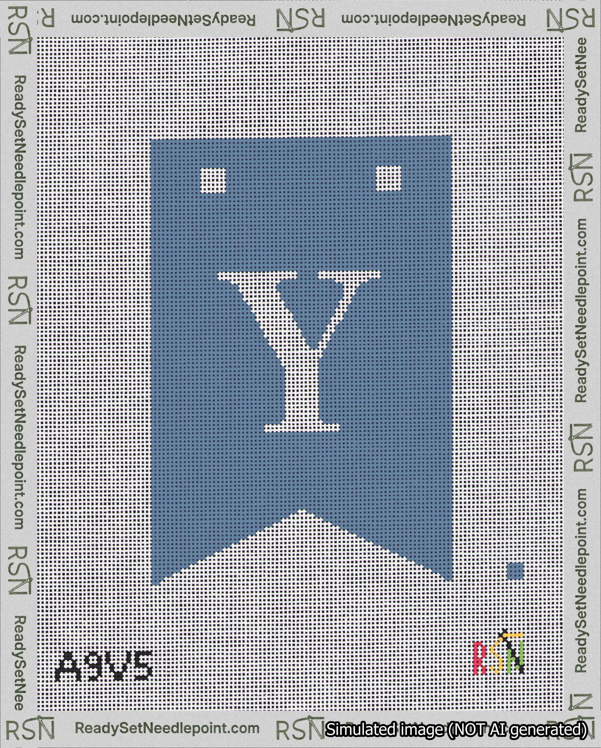 A taped needlepoint canvas with the design: Banner 18 mesh count Forked Y White on Blue.