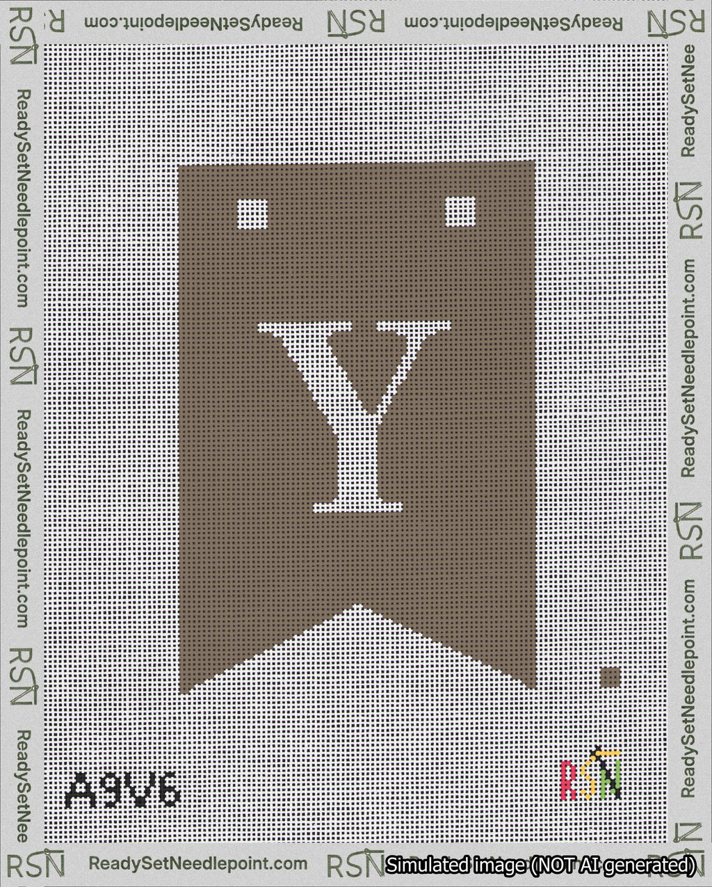 A taped needlepoint canvas with the design: Banner 18 mesh count Forked Y White on Brown.