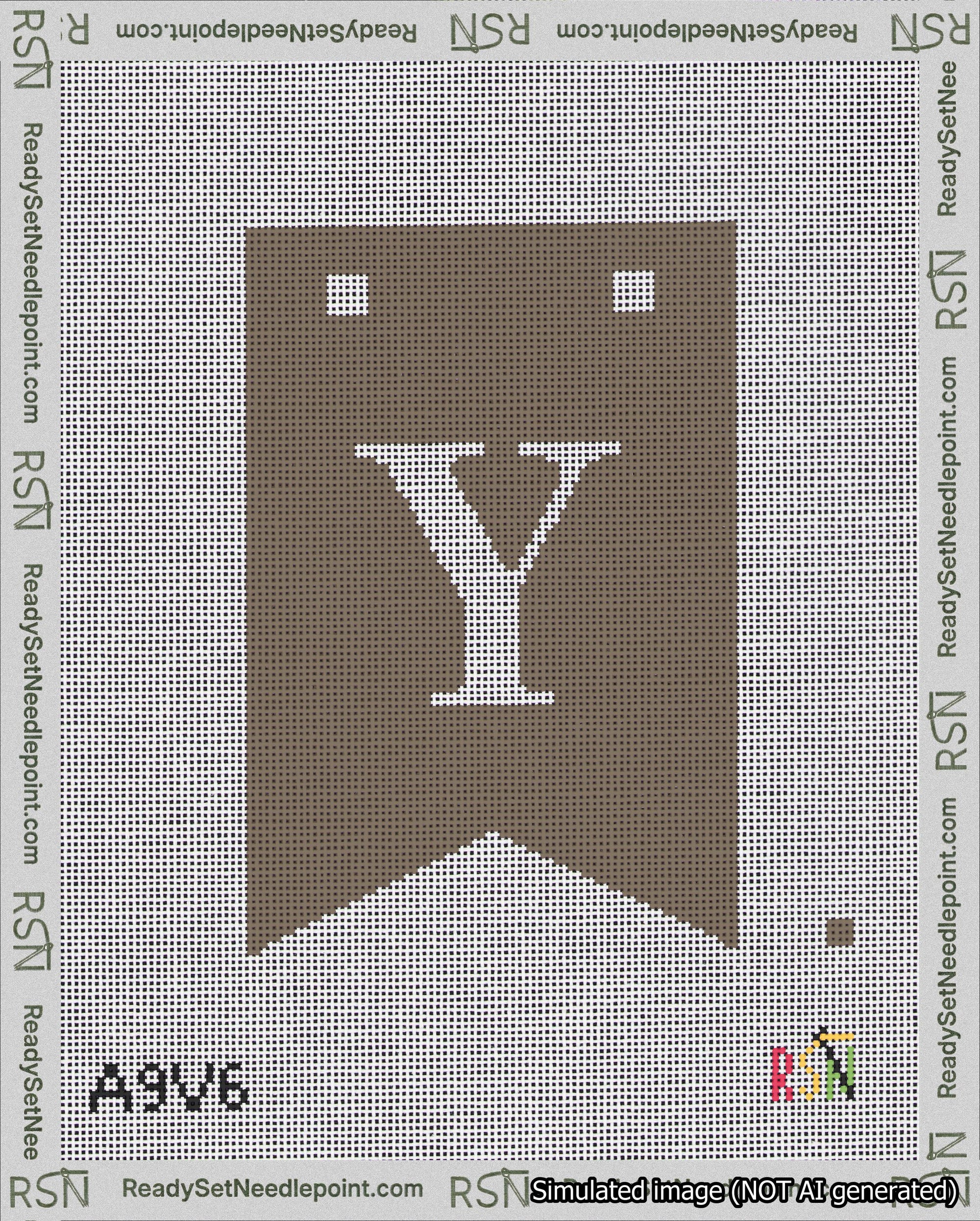 A taped needlepoint canvas with the design: Banner 18 mesh count Forked Y White on Brown.
