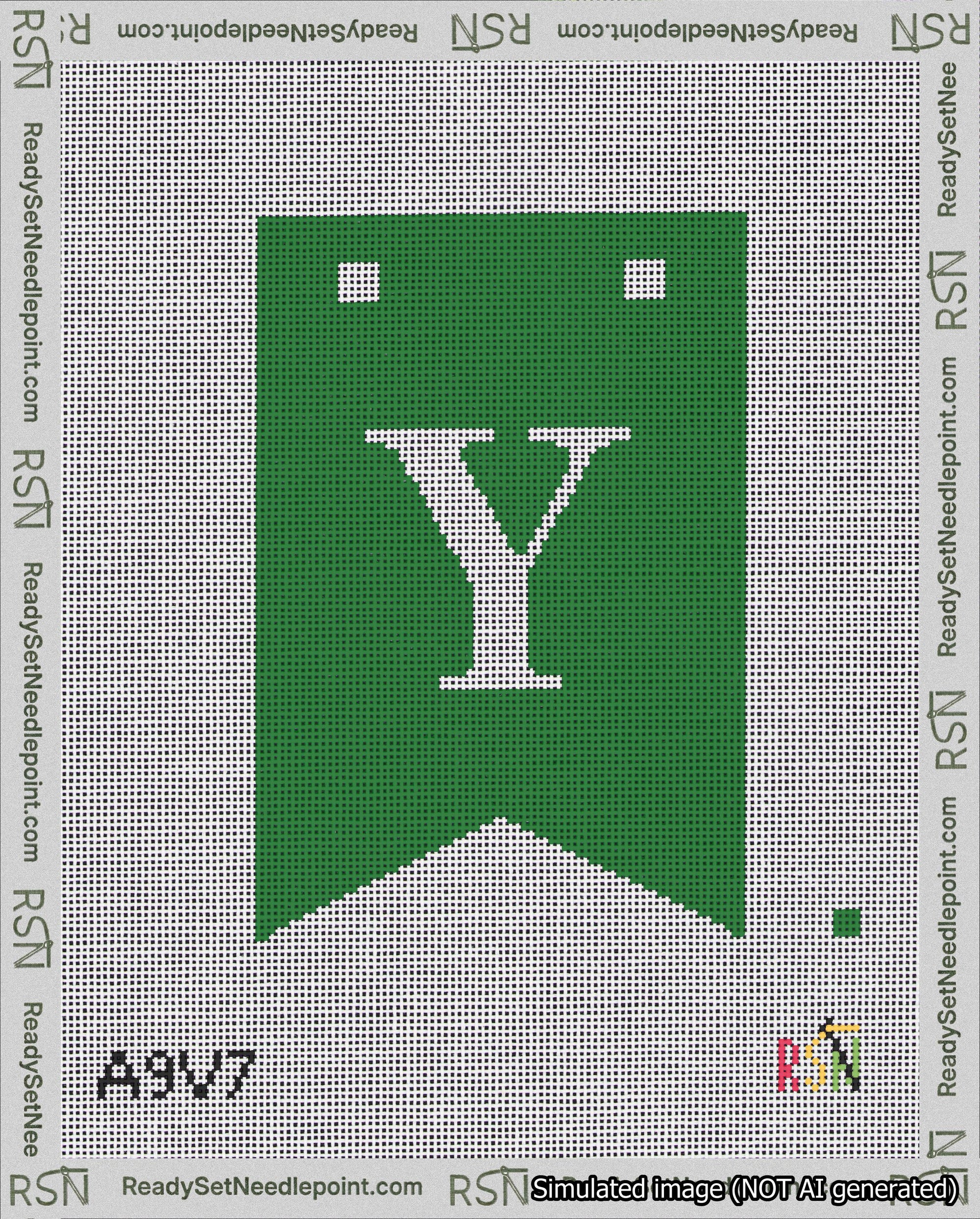 A taped needlepoint canvas with the design: Banner 18 mesh count Forked Y White on Green.