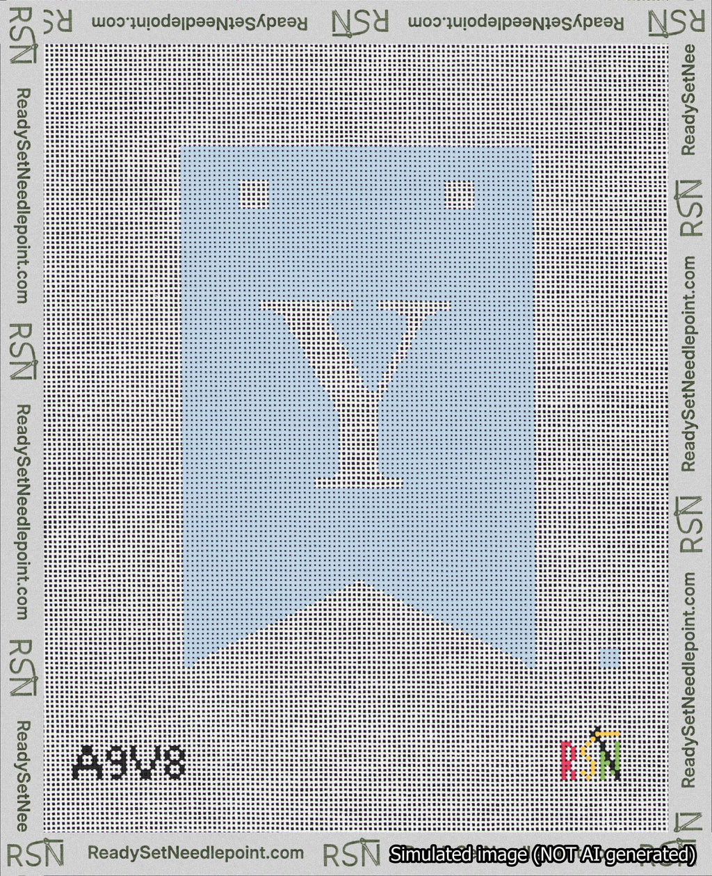 A taped needlepoint canvas with the design: Banner 18 mesh count Forked Y White on Light Blue.
