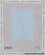 A taped needlepoint canvas with the design: Banner 18 mesh count Forked Y White on Light Blue.