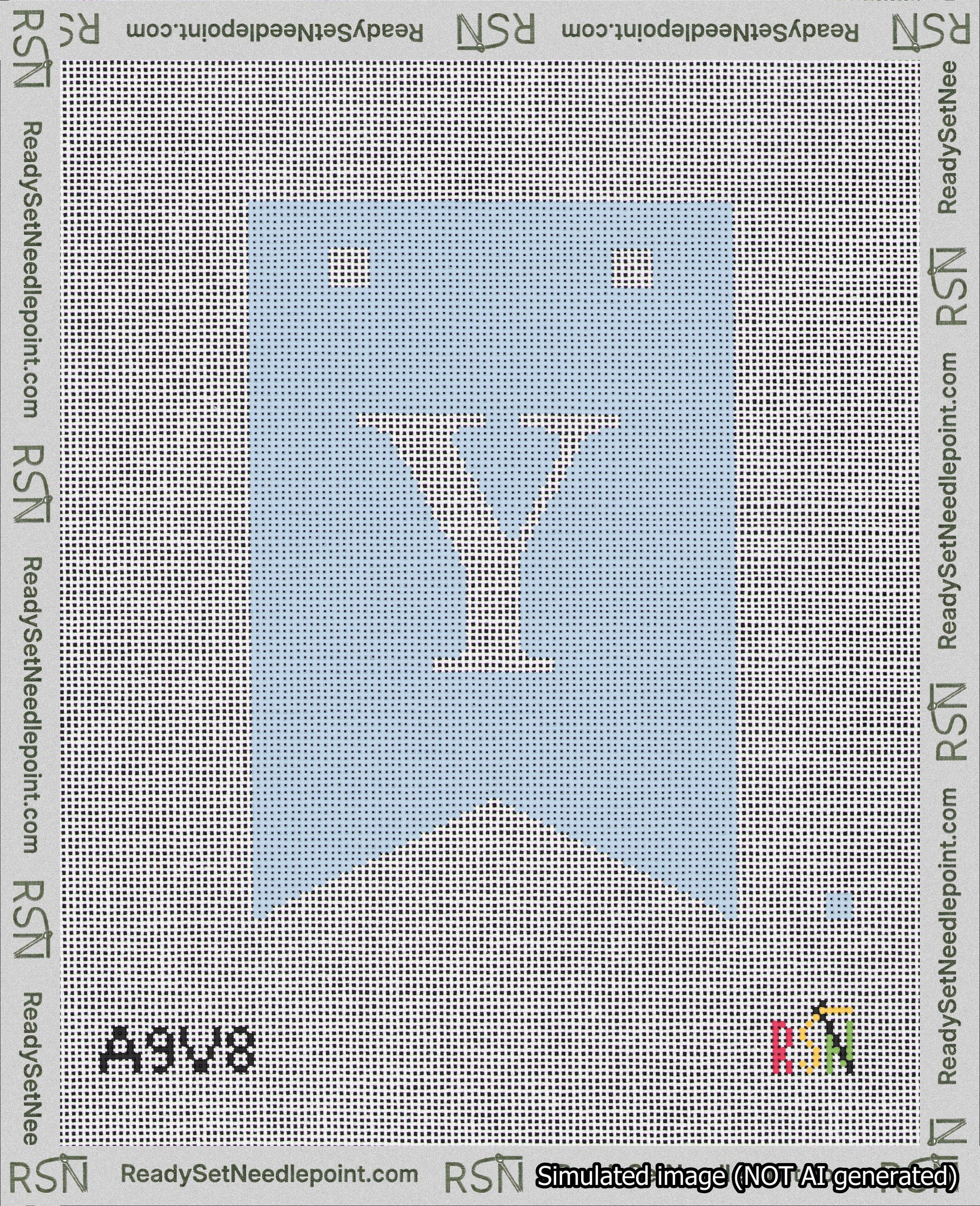 A taped needlepoint canvas with the design: Banner 18 mesh count Forked Y White on Light Blue.