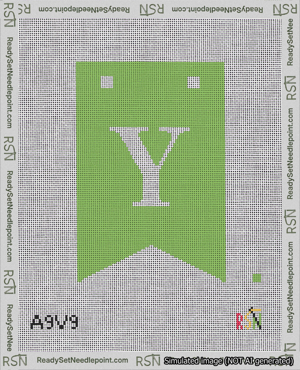 A taped needlepoint canvas with the design: Banner 18 mesh count Forked Y White on Light Green.