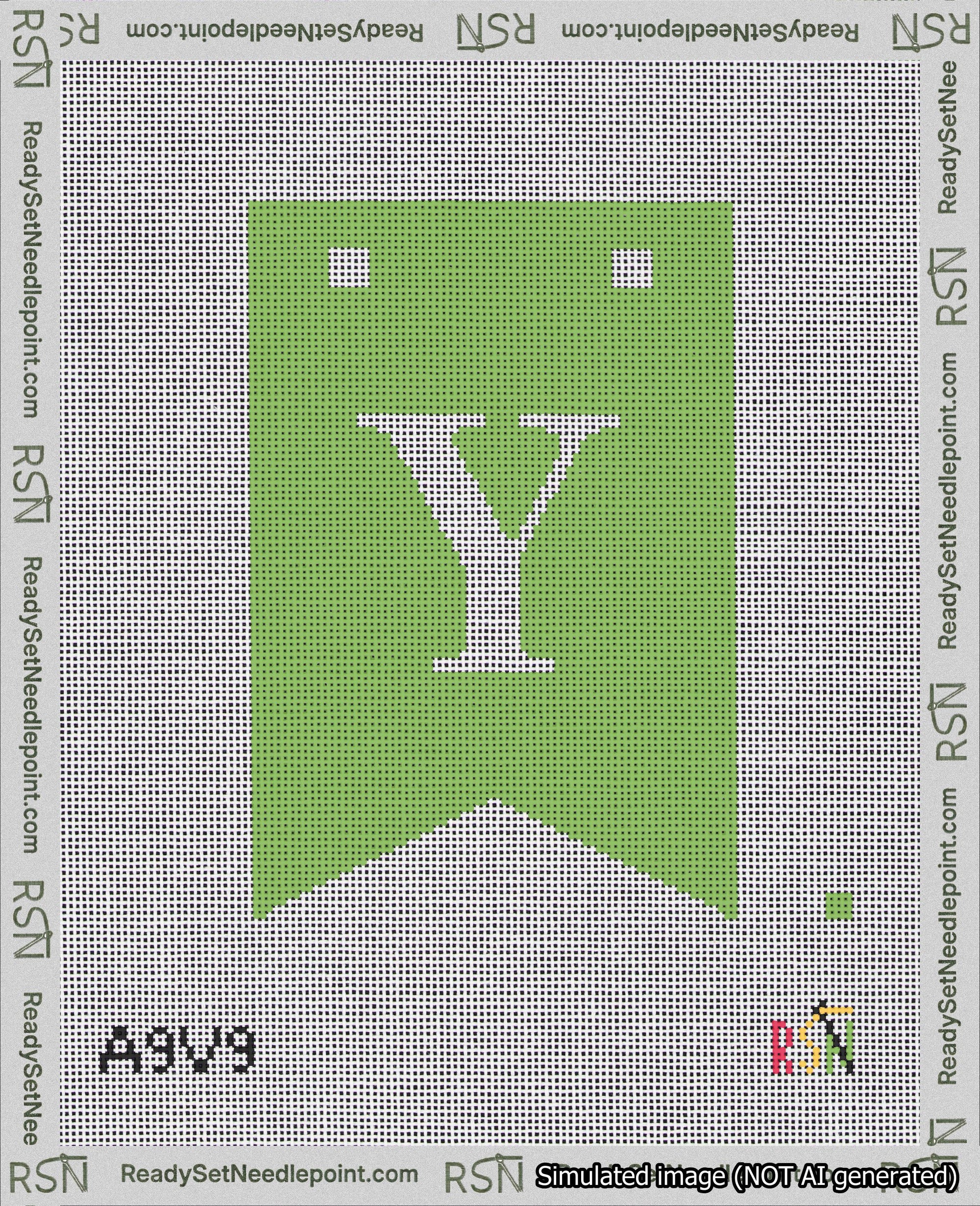 A taped needlepoint canvas with the design: Banner 18 mesh count Forked Y White on Light Green.