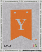 A taped needlepoint canvas with the design: Banner 18 mesh count Forked Y White on Orange.