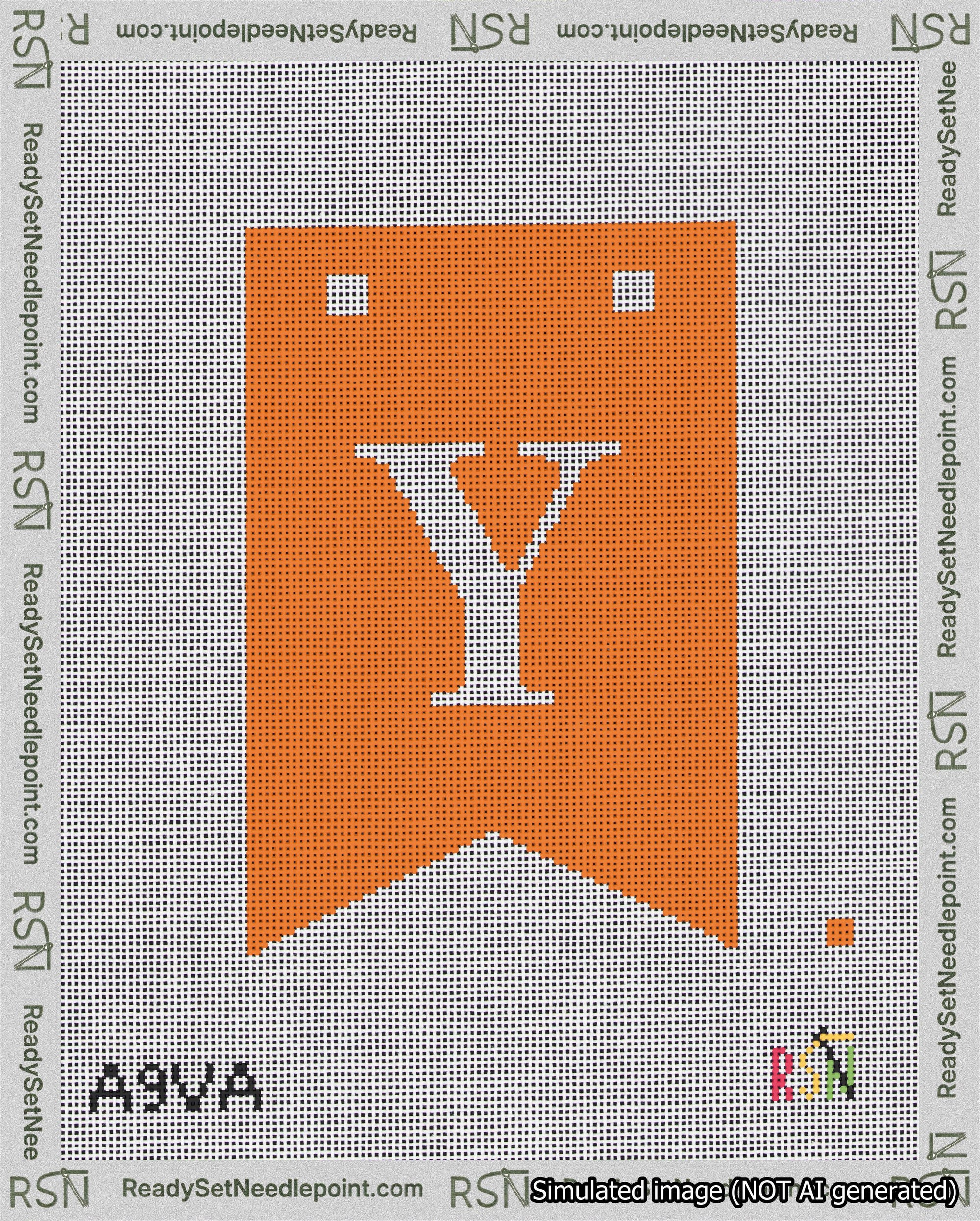 A taped needlepoint canvas with the design: Banner 18 mesh count Forked Y White on Orange.