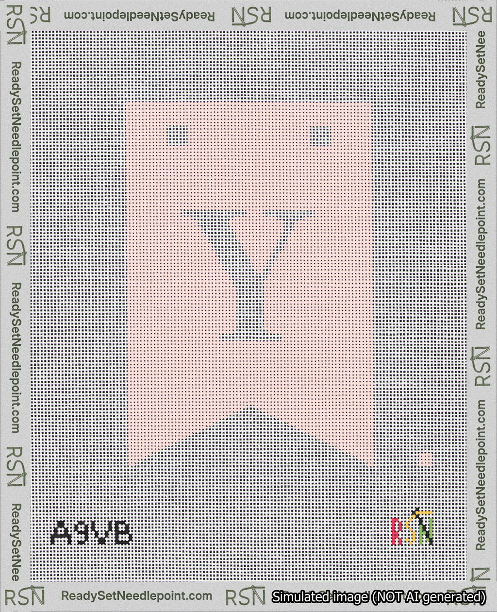 A taped needlepoint canvas with the design: Banner 18 mesh count Forked Y White on Pink.