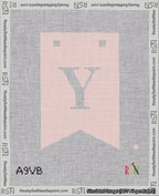 A taped needlepoint canvas with the design: Banner 18 mesh count Forked Y White on Pink.