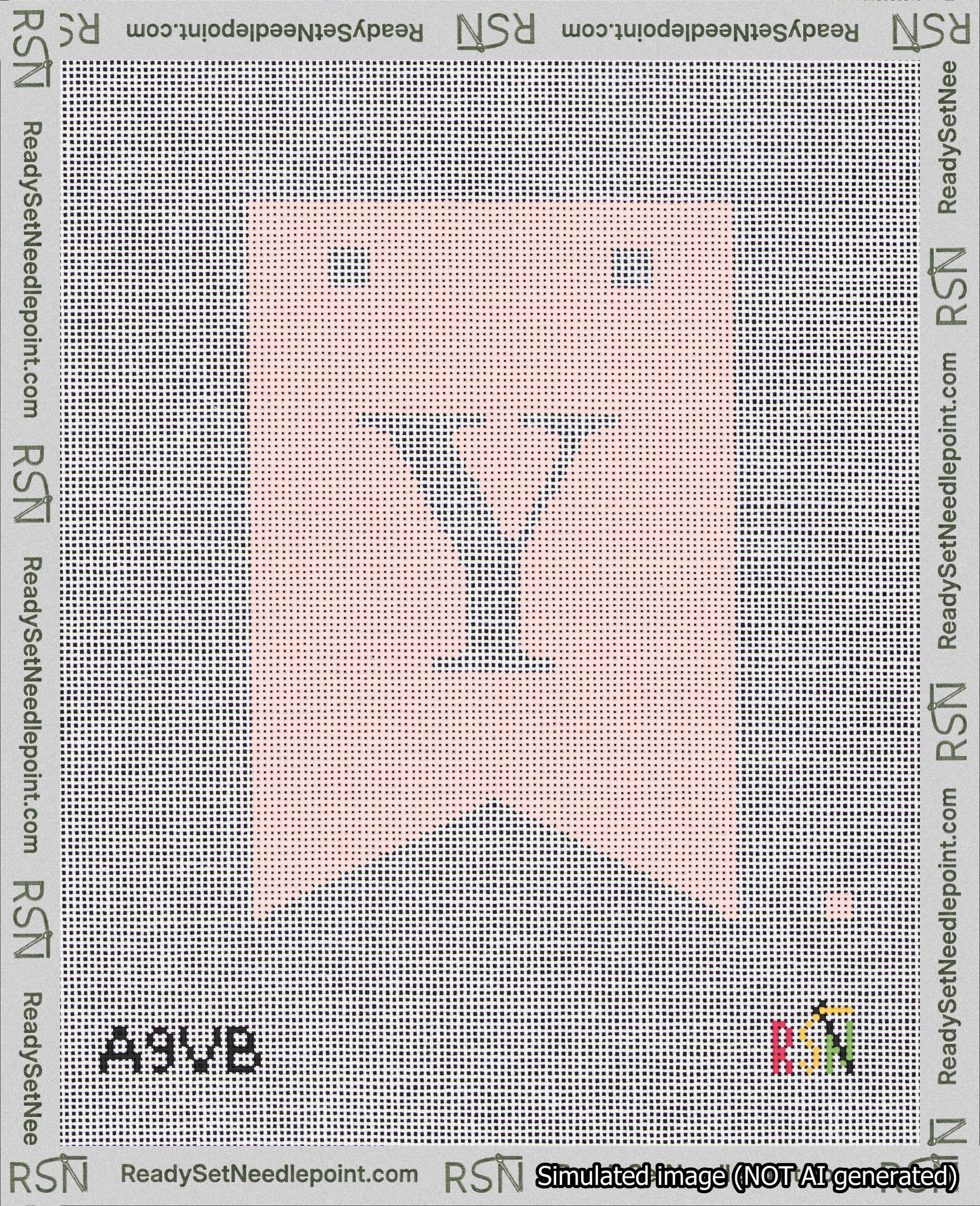 A taped needlepoint canvas with the design: Banner 18 mesh count Forked Y White on Pink.