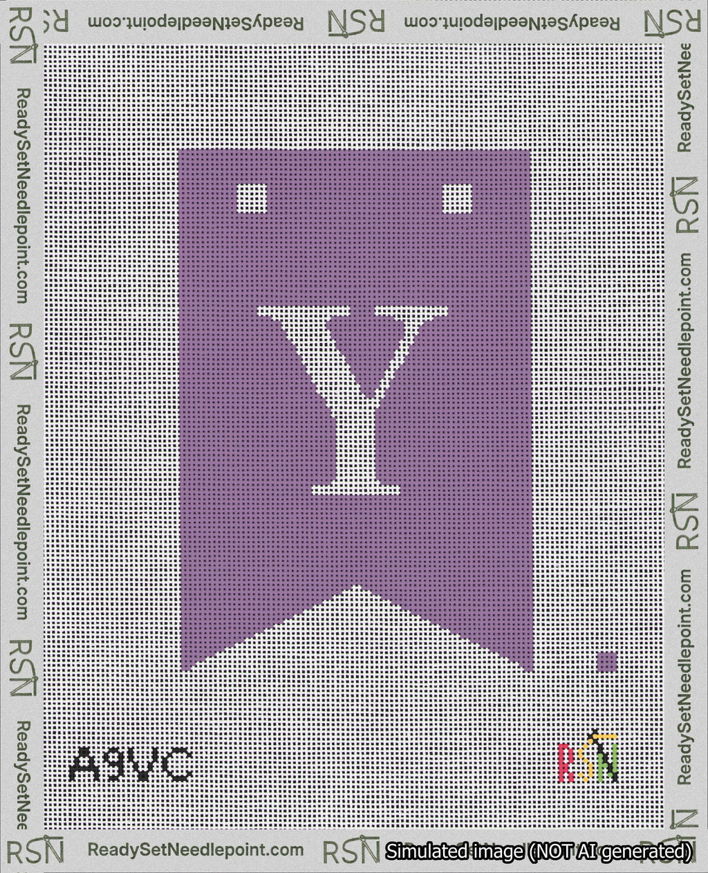 A taped needlepoint canvas with the design: Banner 18 mesh count Forked Y White on Purple.