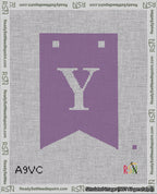 A taped needlepoint canvas with the design: Banner 18 mesh count Forked Y White on Purple.