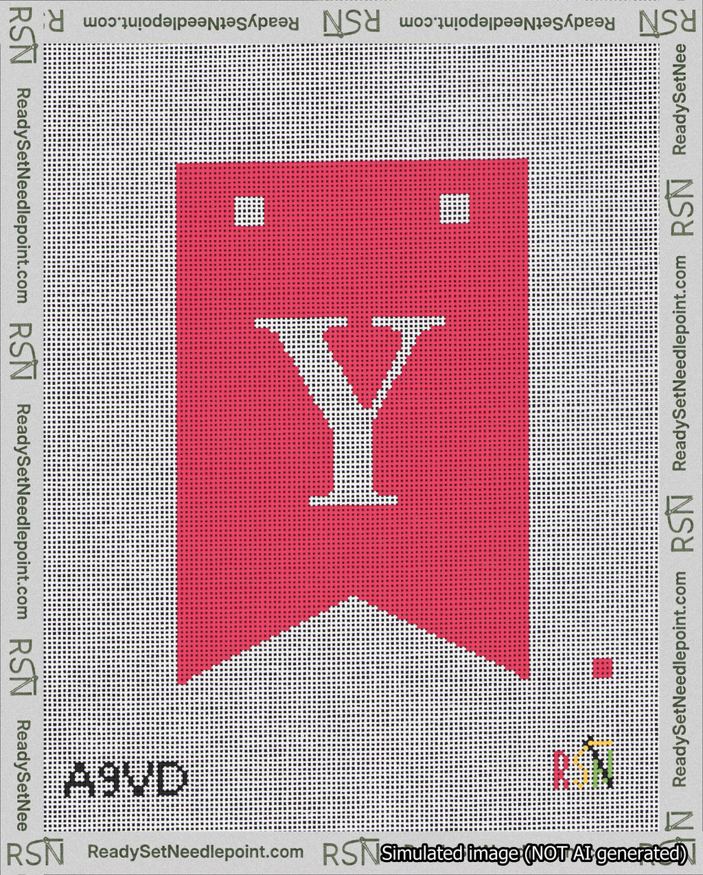 A taped needlepoint canvas with the design: Banner 18 mesh count Forked Y White on Red.