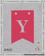 A taped needlepoint canvas with the design: Banner 18 mesh count Forked Y White on Red.