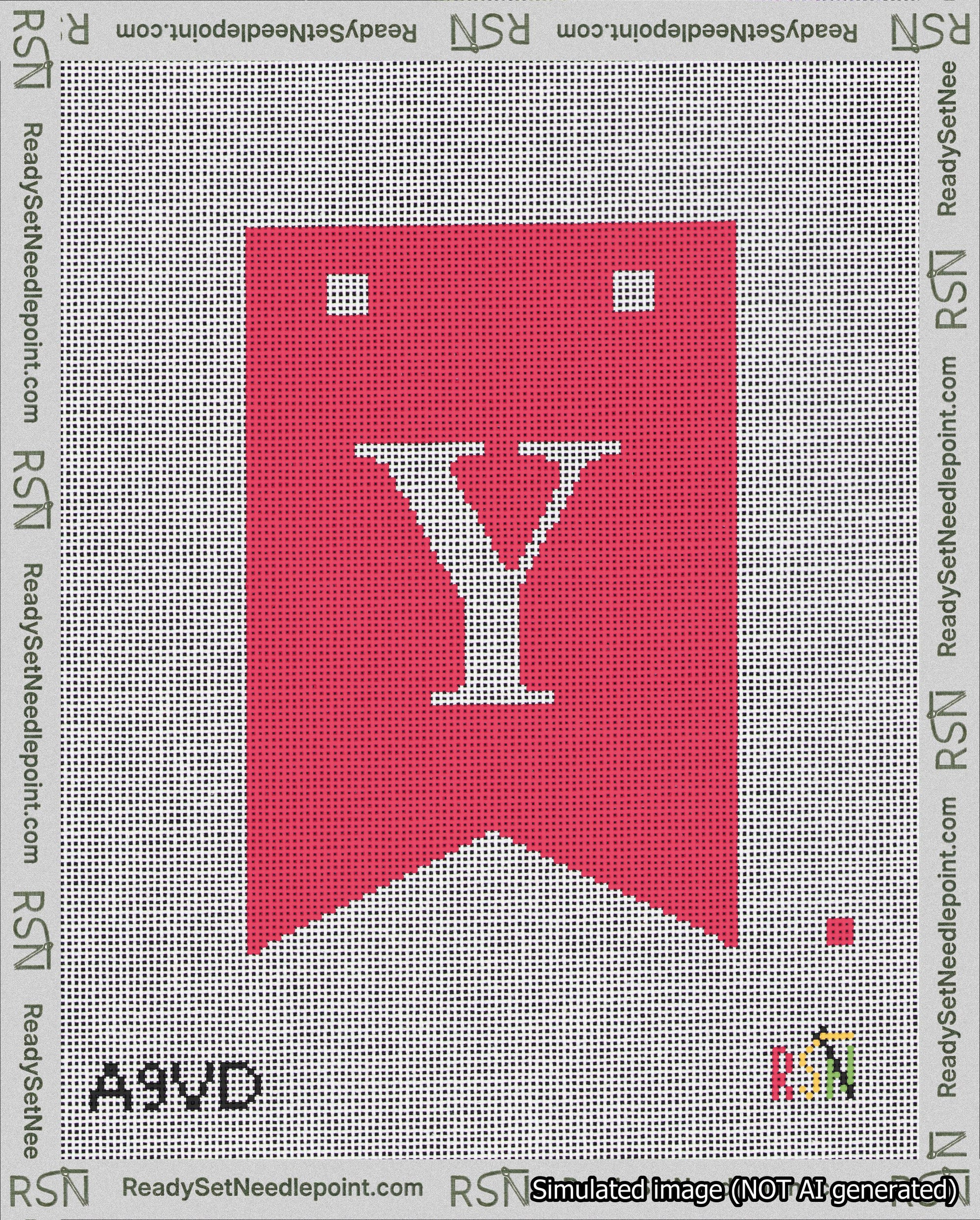 A taped needlepoint canvas with the design: Banner 18 mesh count Forked Y White on Red.