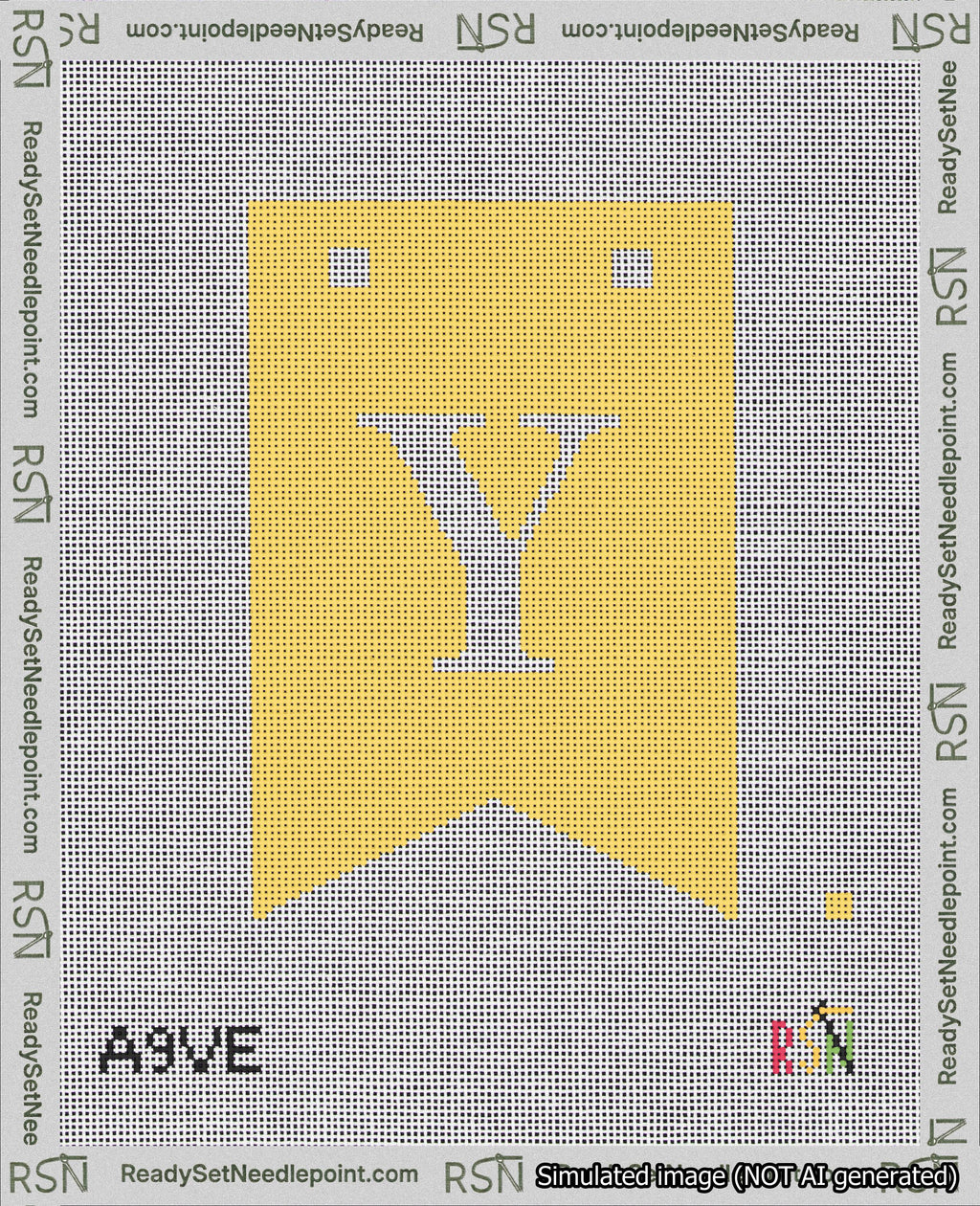 A taped needlepoint canvas with the design: Banner 18 mesh count Forked Y White on Yellow.