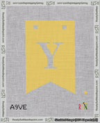 A taped needlepoint canvas with the design: Banner 18 mesh count Forked Y White on Yellow.