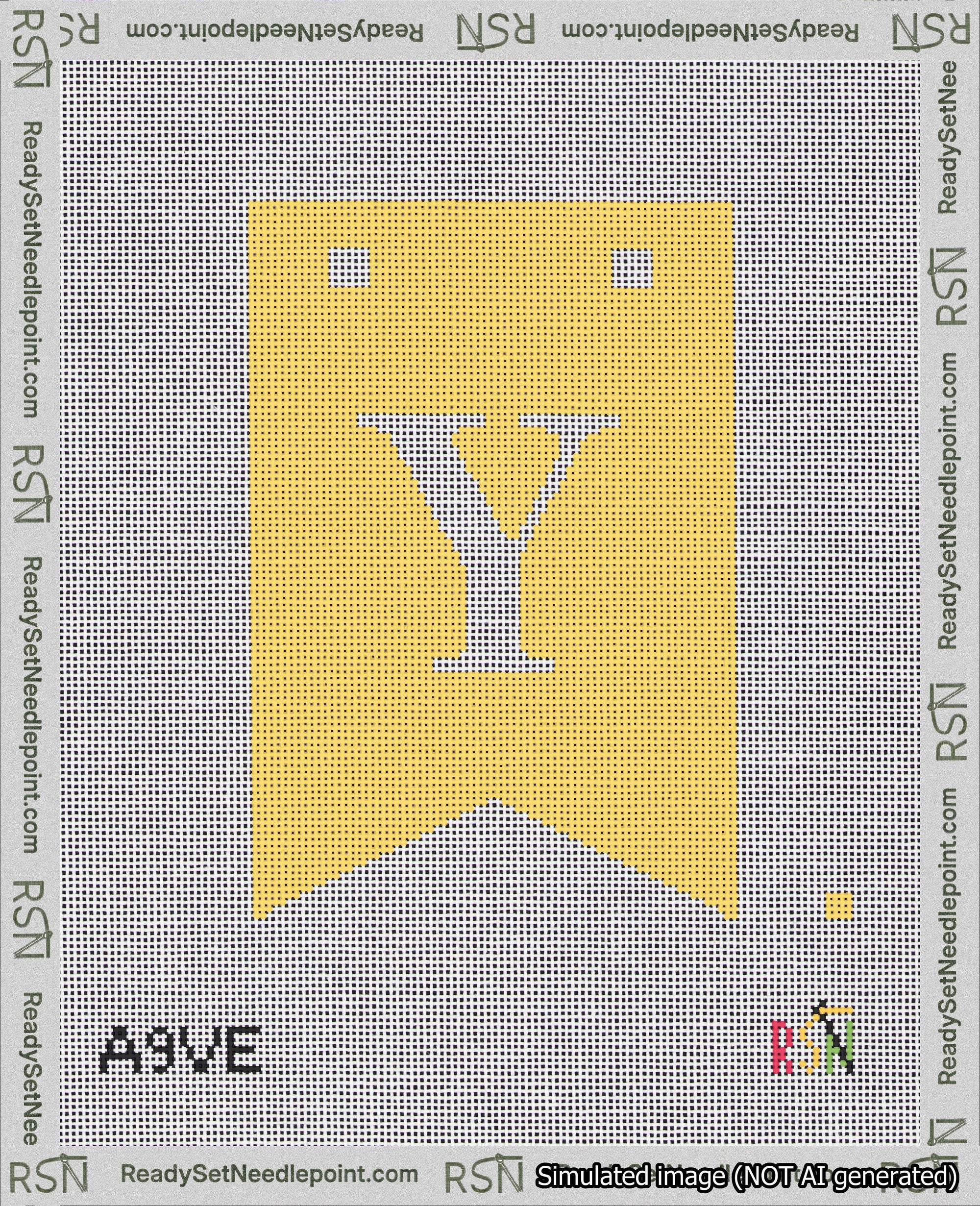 A taped needlepoint canvas with the design: Banner 18 mesh count Forked Y White on Yellow.