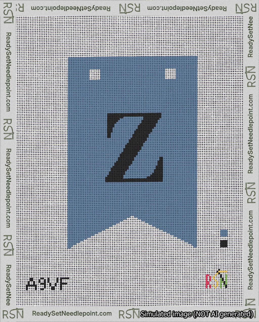 A taped needlepoint canvas with the design: Banner 18 mesh count Forked Z Black on Blue.