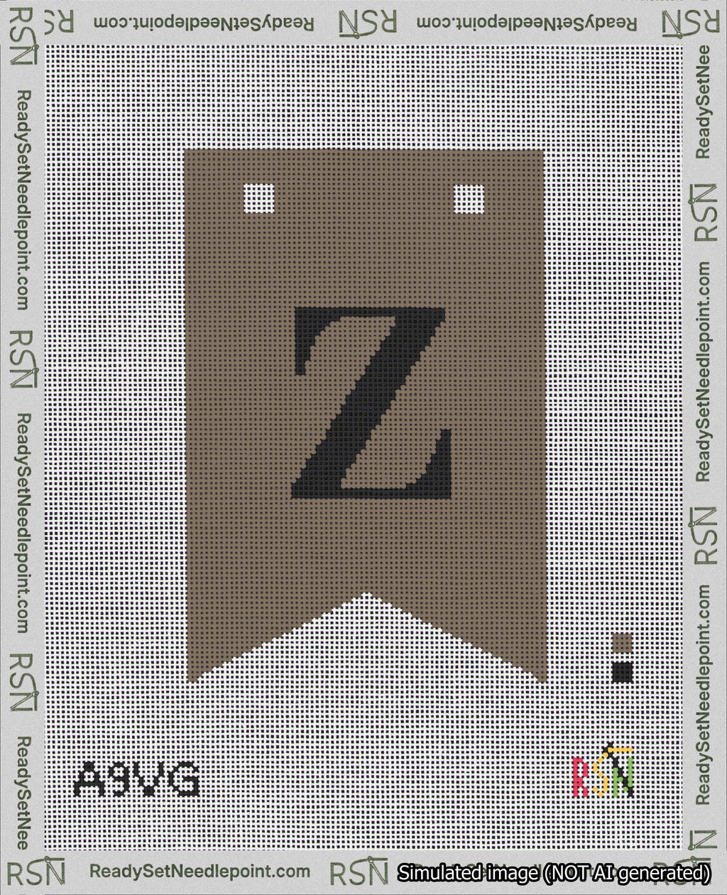 A taped needlepoint canvas with the design: Banner 18 mesh count Forked Z Black on Brown.