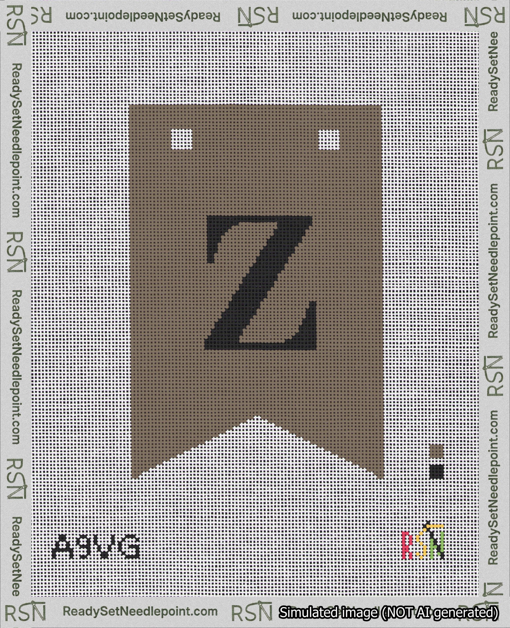 A taped needlepoint canvas with the design: Banner 18 mesh count Forked Z Black on Brown.