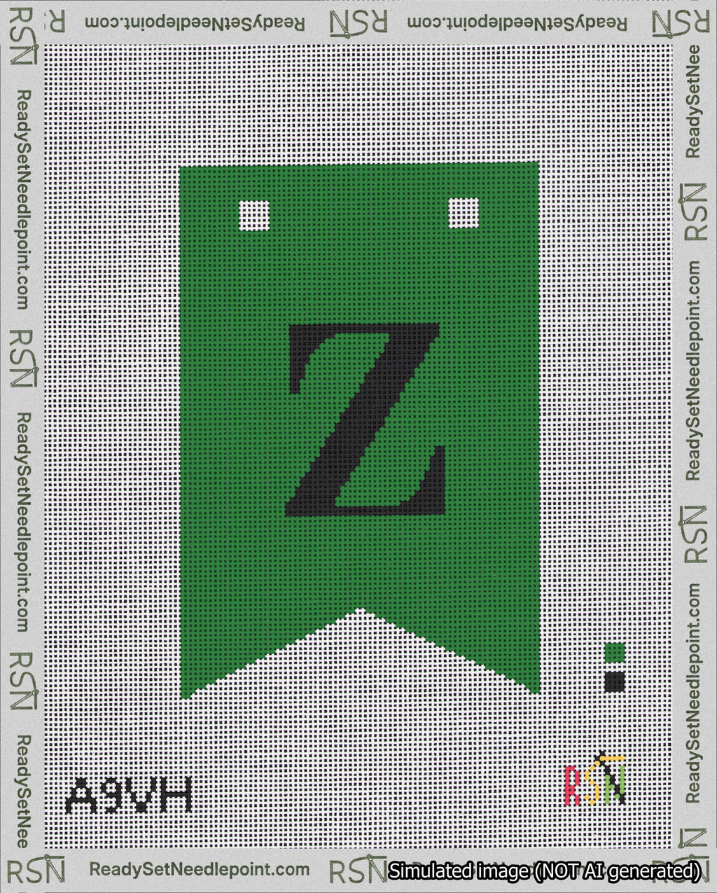 A taped needlepoint canvas with the design: Banner 18 mesh count Forked Z Black on Green.
