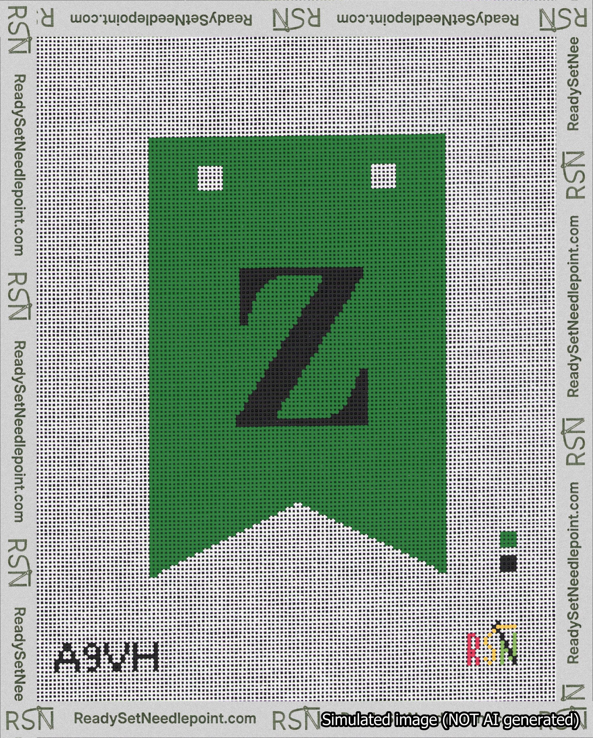 A taped needlepoint canvas with the design: Banner 18 mesh count Forked Z Black on Green.