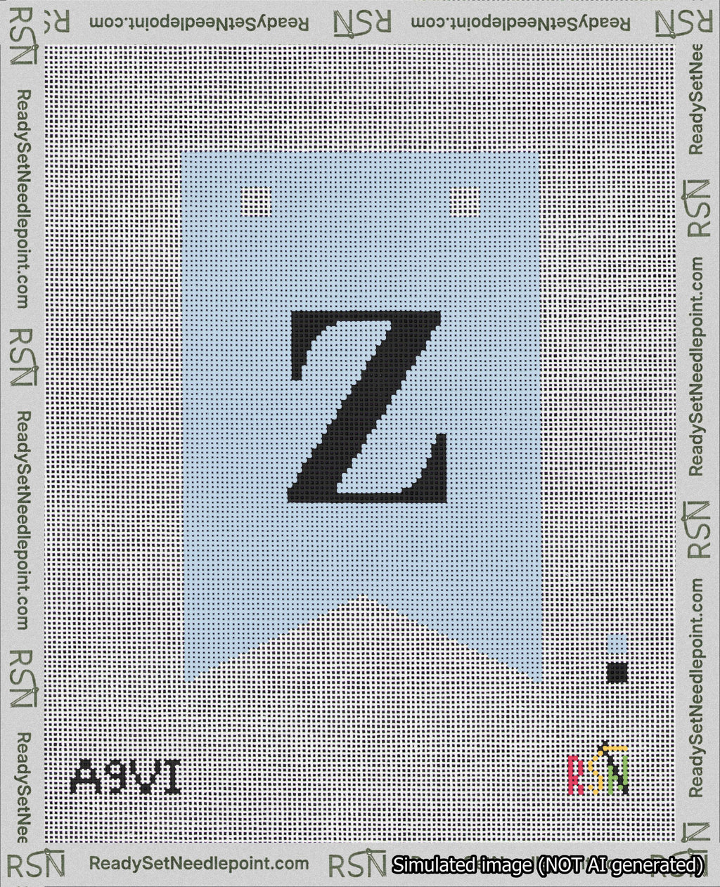 A taped needlepoint canvas with the design: Banner 18 mesh count Forked Z Black on Light Blue.