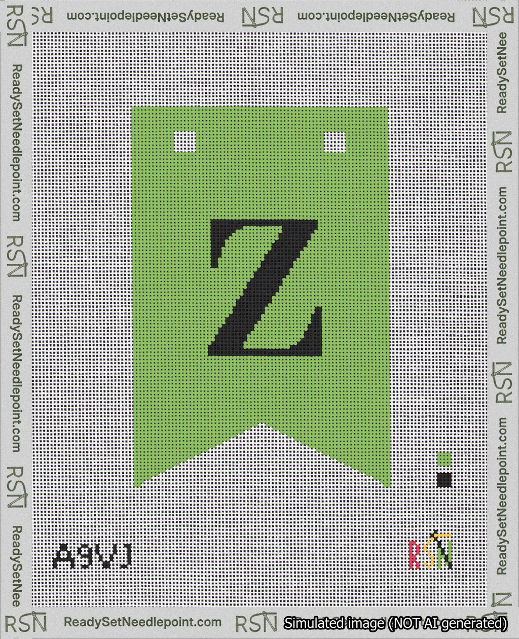 A taped needlepoint canvas with the design: Banner 18 mesh count Forked Z Black on Light Green.