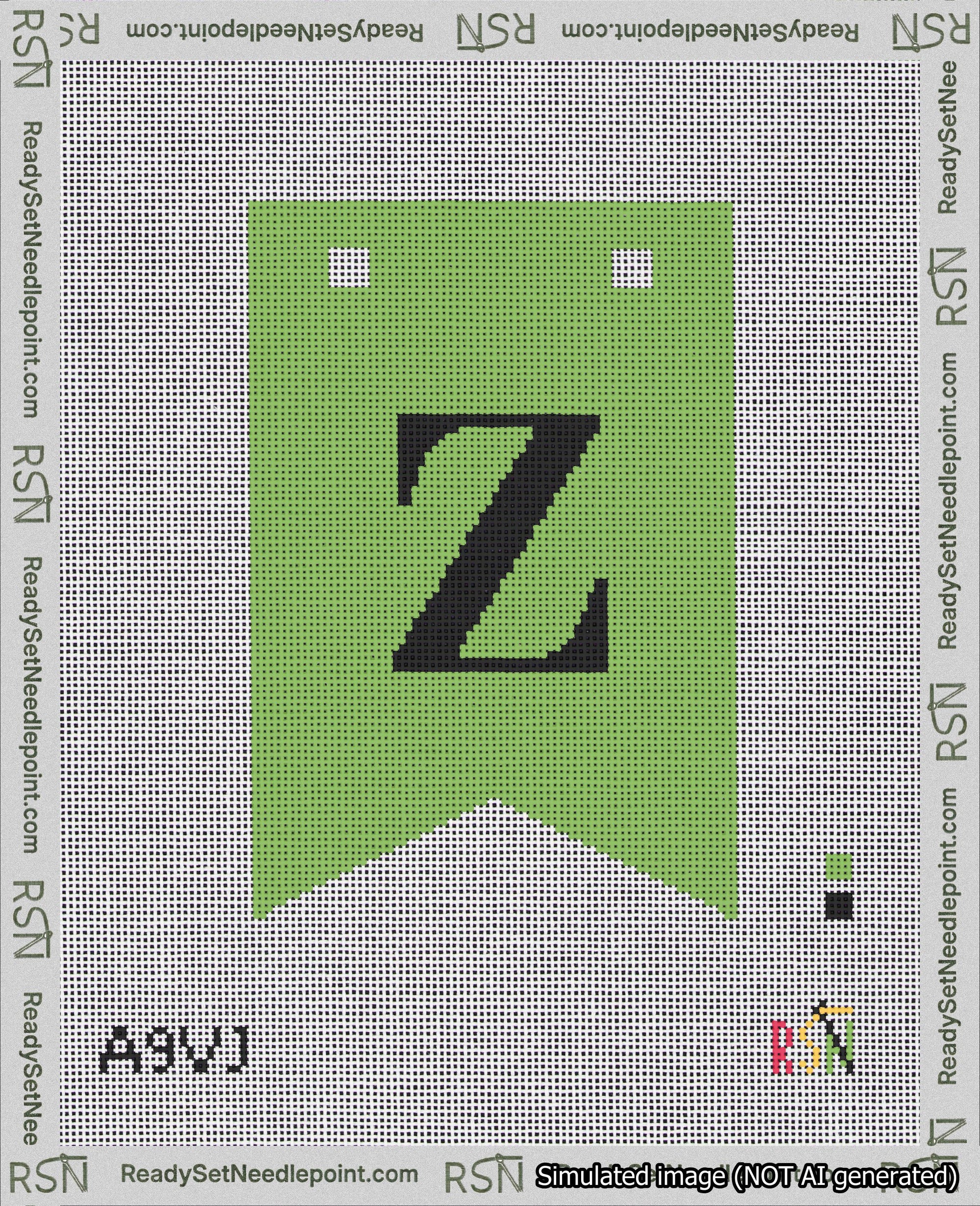A taped needlepoint canvas with the design: Banner 18 mesh count Forked Z Black on Light Green.