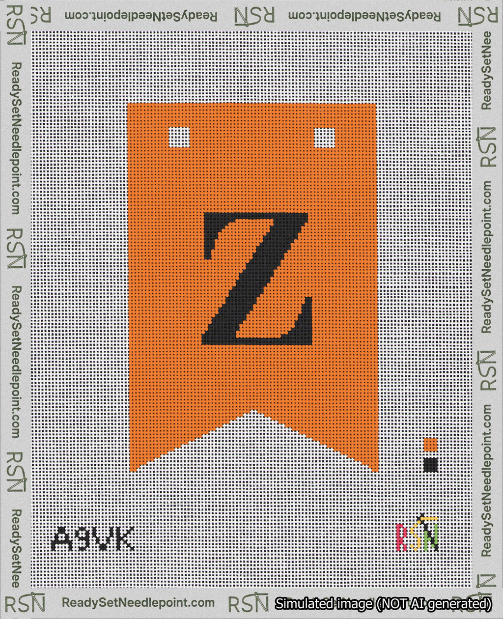 A taped needlepoint canvas with the design: Banner 18 mesh count Forked Z Black on Orange.