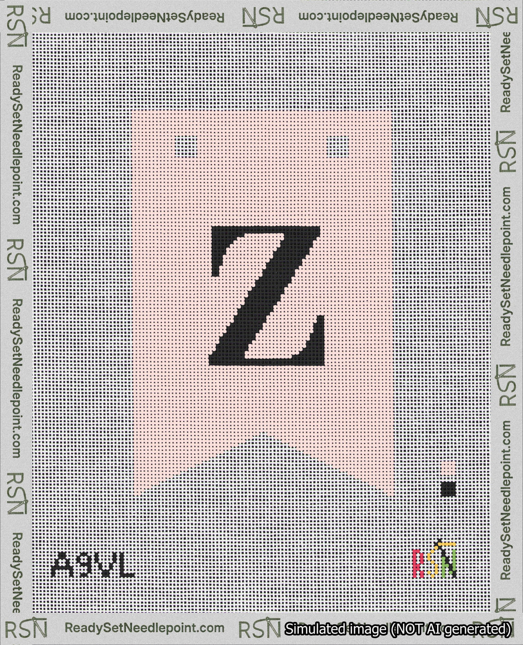 A taped needlepoint canvas with the design: Banner 18 mesh count Forked Z Black on Pink.