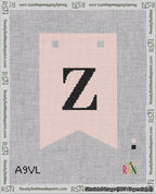 A taped needlepoint canvas with the design: Banner 18 mesh count Forked Z Black on Pink.