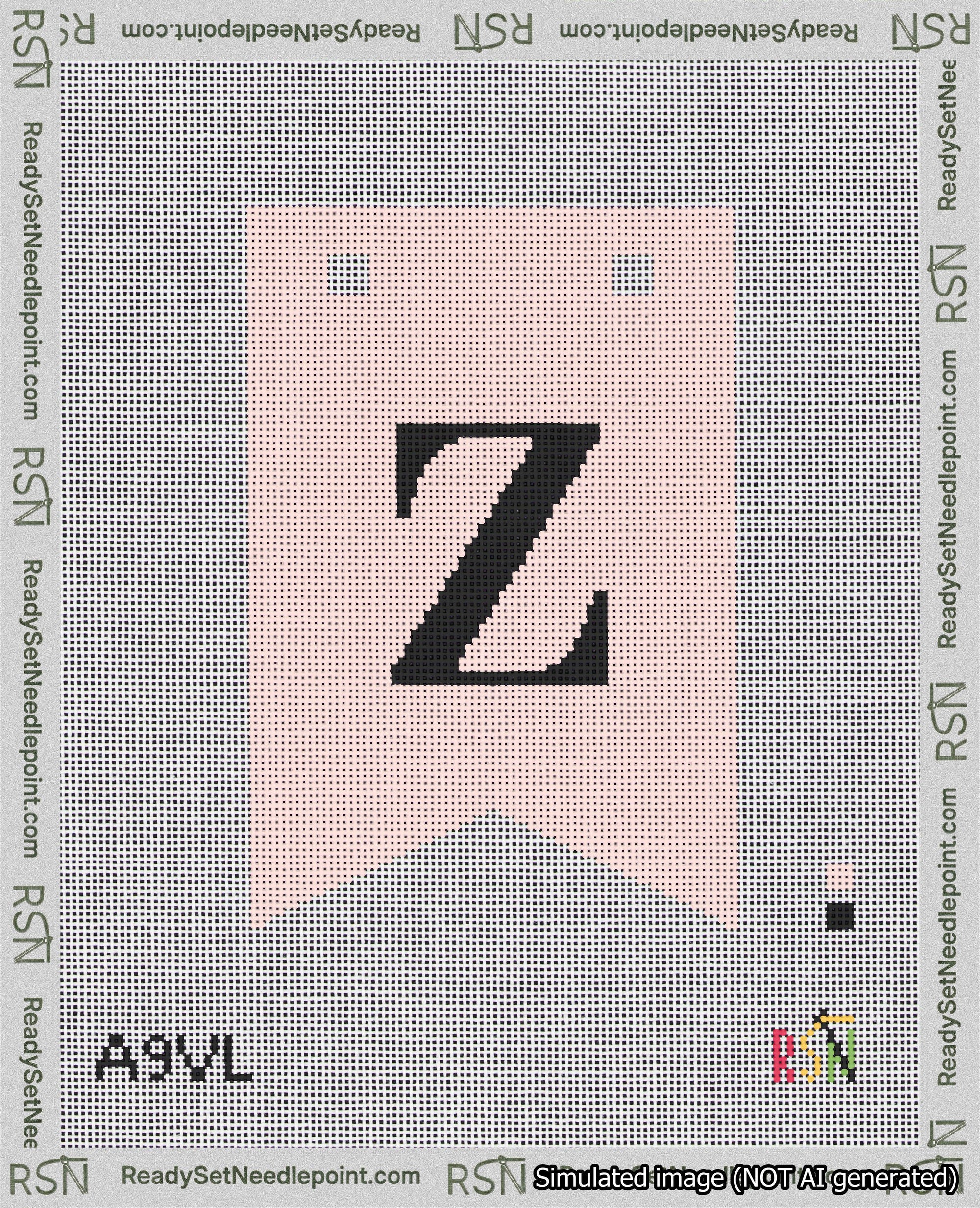 A taped needlepoint canvas with the design: Banner 18 mesh count Forked Z Black on Pink.