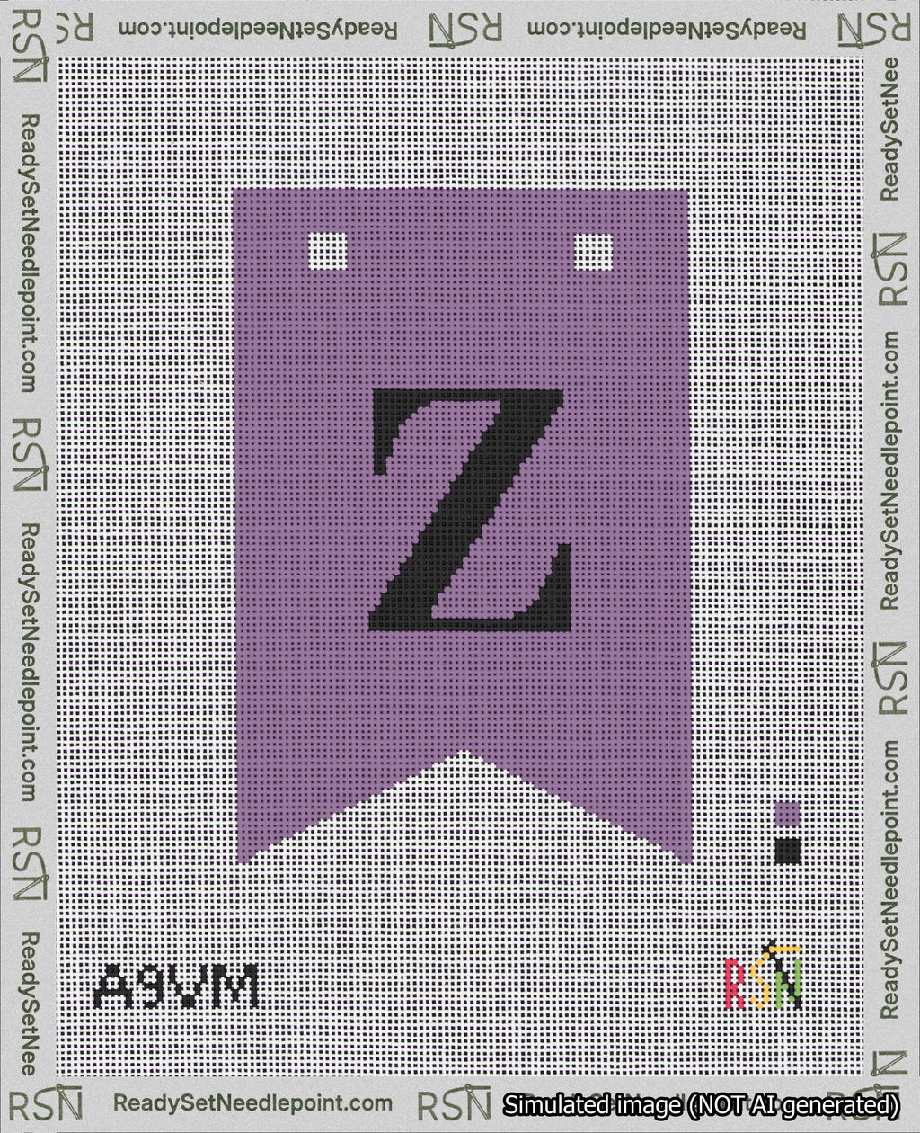 A taped needlepoint canvas with the design: Banner 18 mesh count Forked Z Black on Purple.