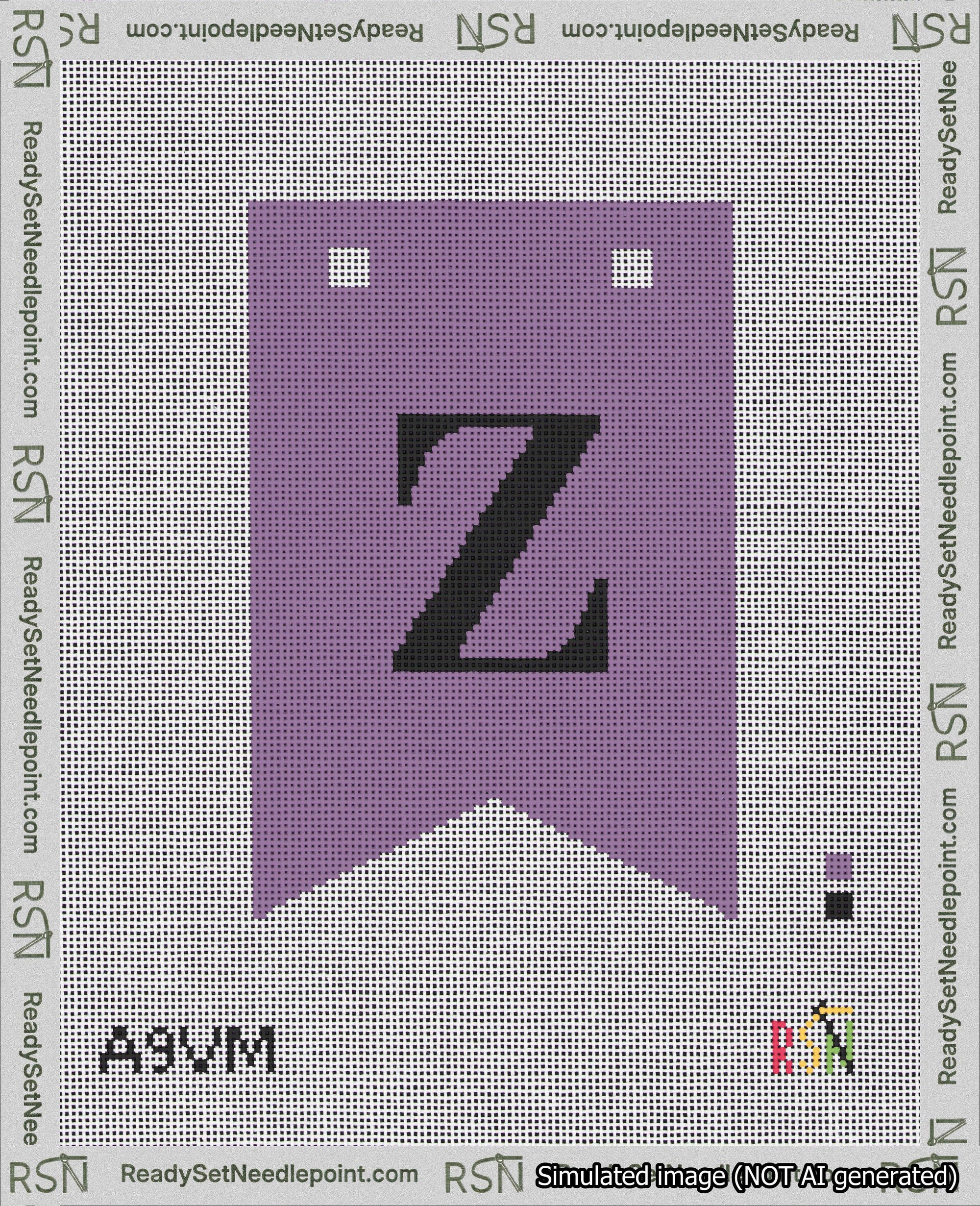 A taped needlepoint canvas with the design: Banner 18 mesh count Forked Z Black on Purple.