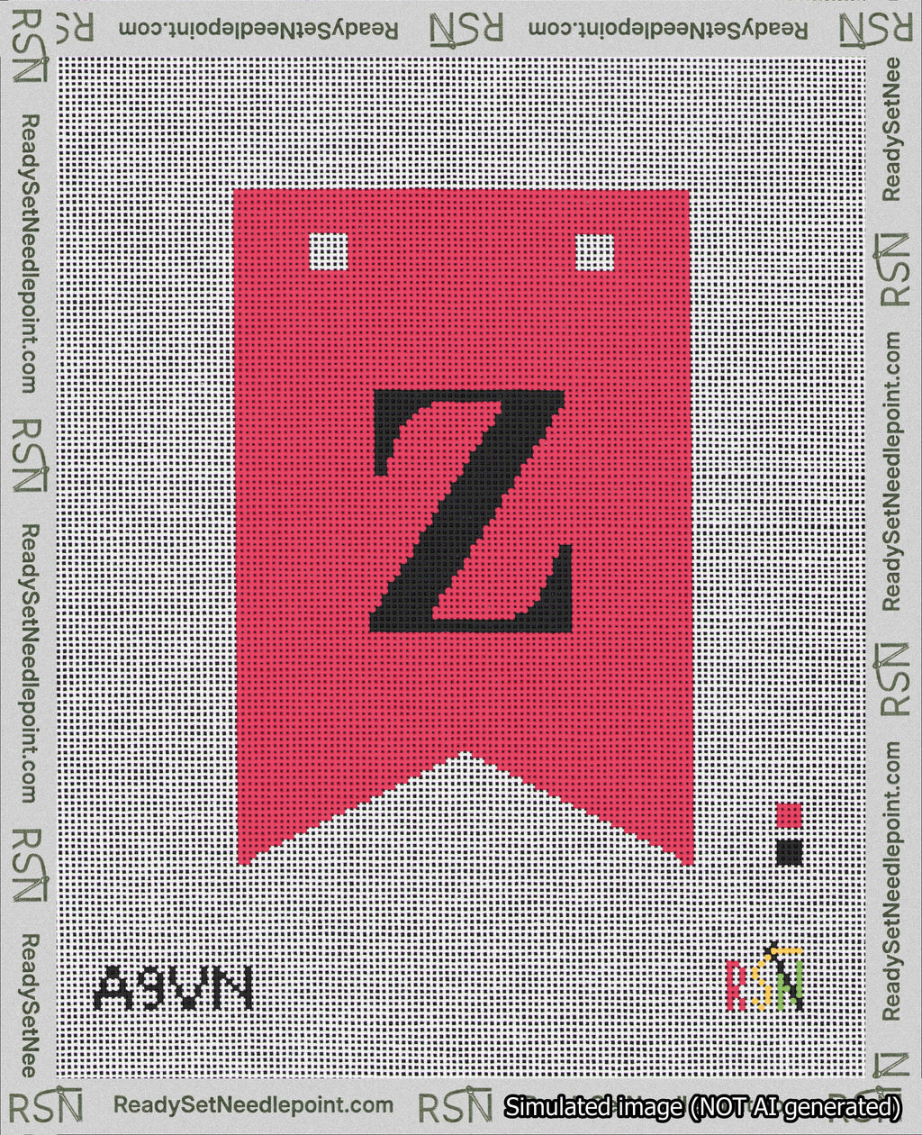 A taped needlepoint canvas with the design: Banner 18 mesh count Forked Z Black on Red.