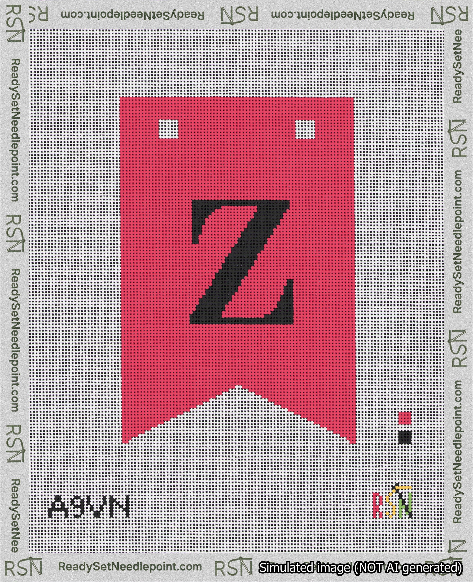 A taped needlepoint canvas with the design: Banner 18 mesh count Forked Z Black on Red.