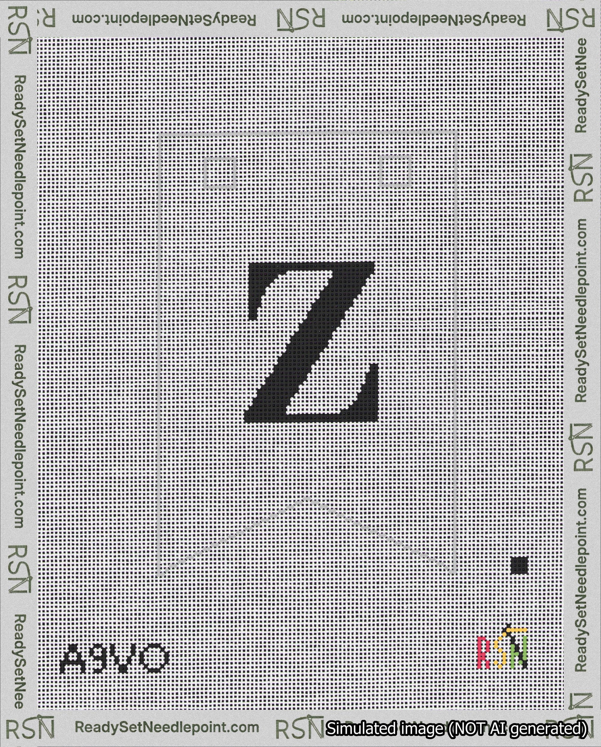 A taped needlepoint canvas with the design: Banner 18 mesh count Forked Z Black on White.