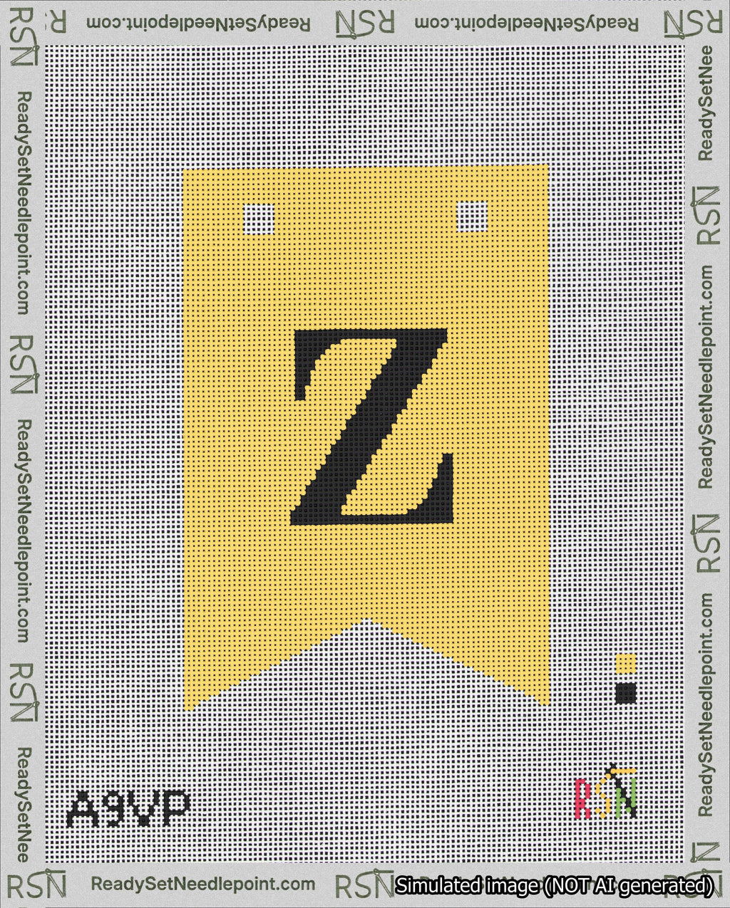 A taped needlepoint canvas with the design: Banner 18 mesh count Forked Z Black on Yellow.