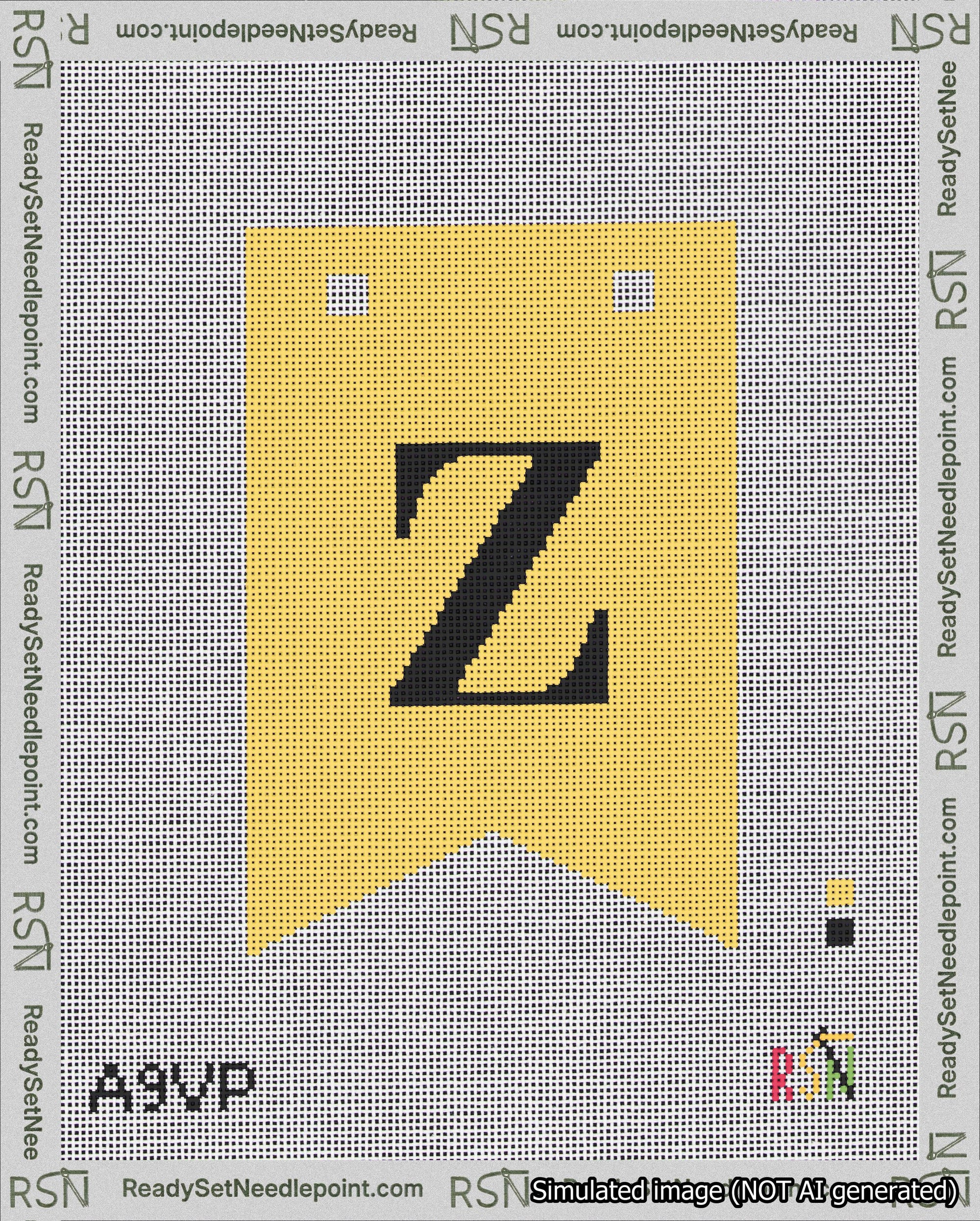 A taped needlepoint canvas with the design: Banner 18 mesh count Forked Z Black on Yellow.