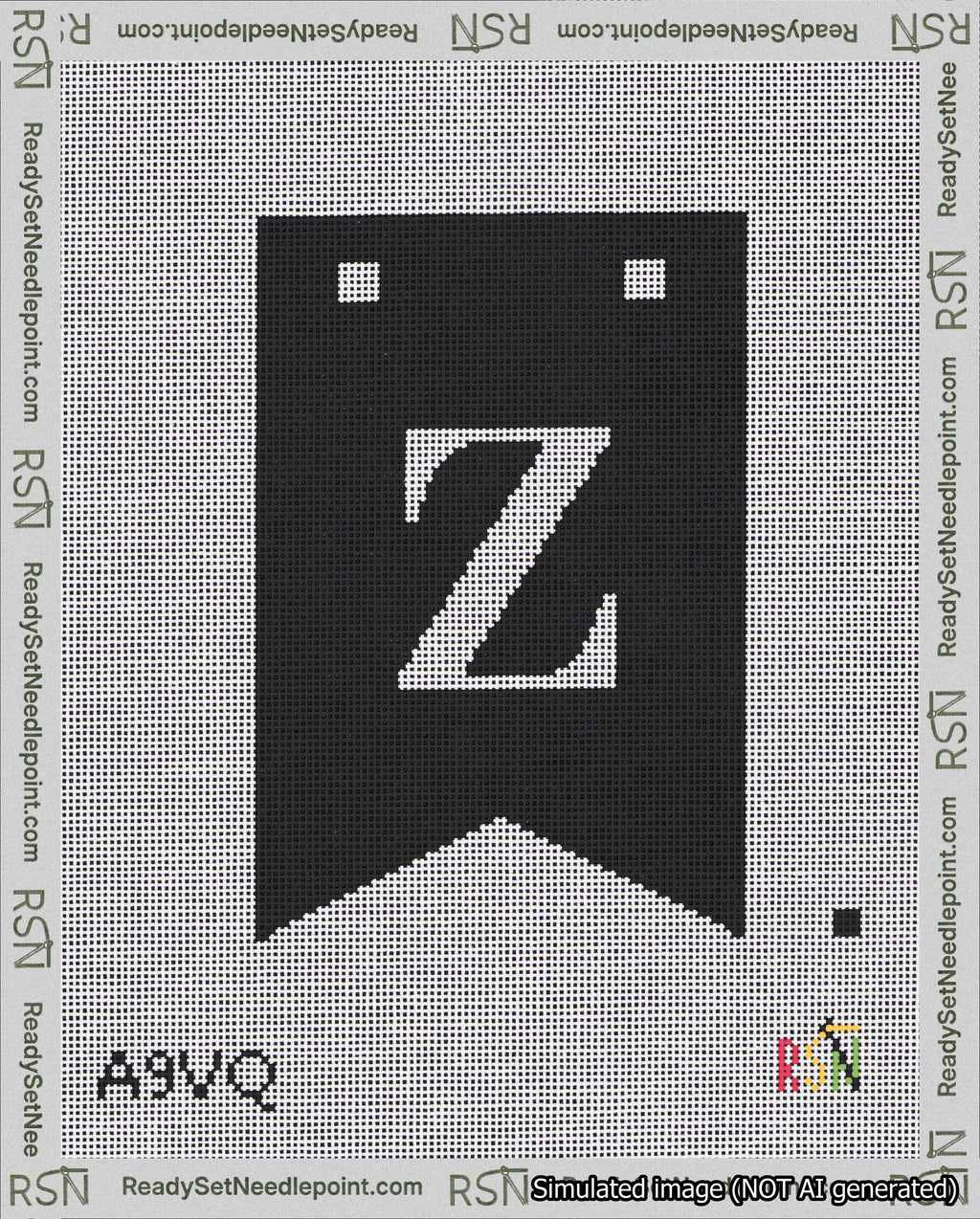A taped needlepoint canvas with the design: Banner 18 mesh count Forked Z White on Black.
