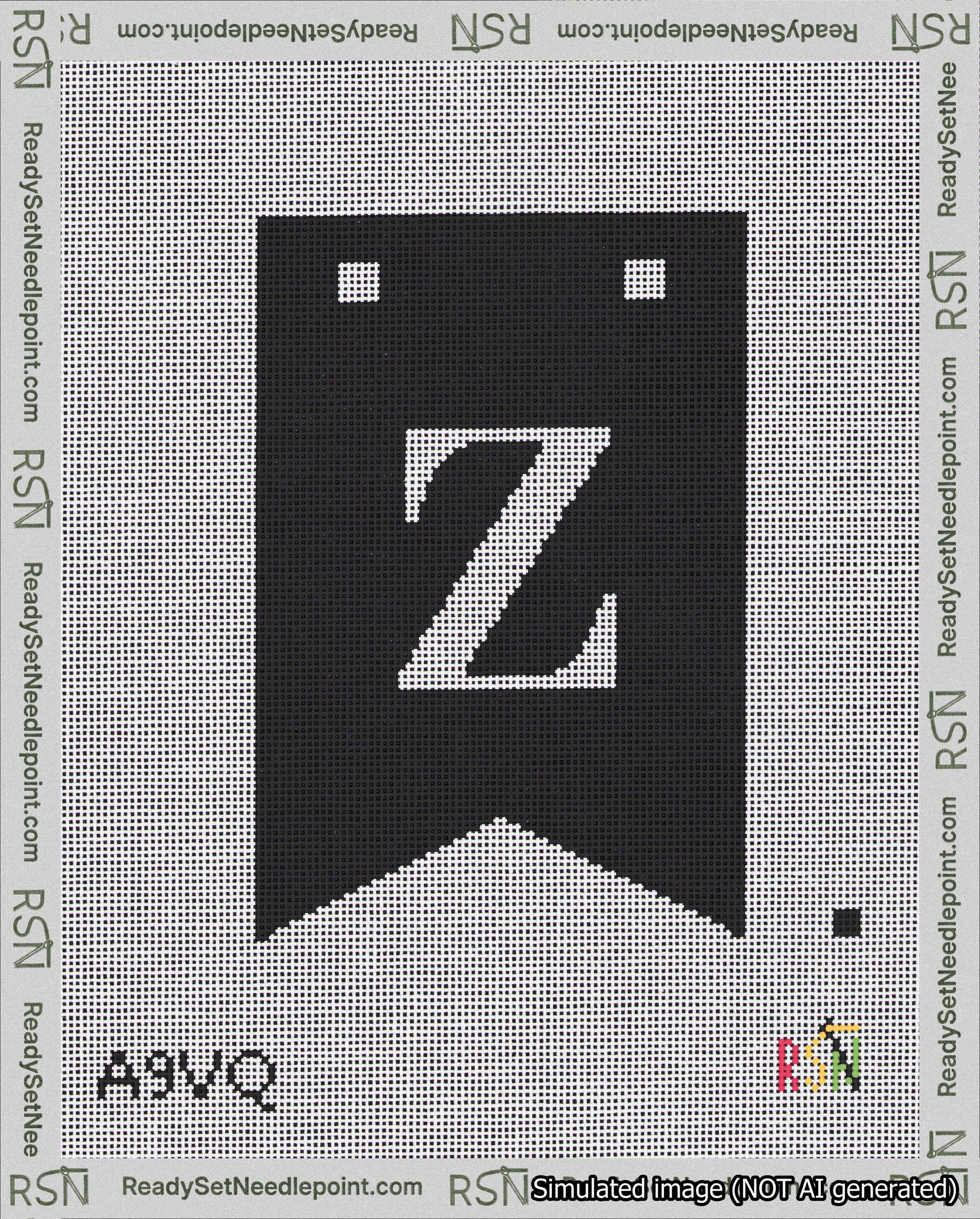 A taped needlepoint canvas with the design: Banner 18 mesh count Forked Z White on Black.